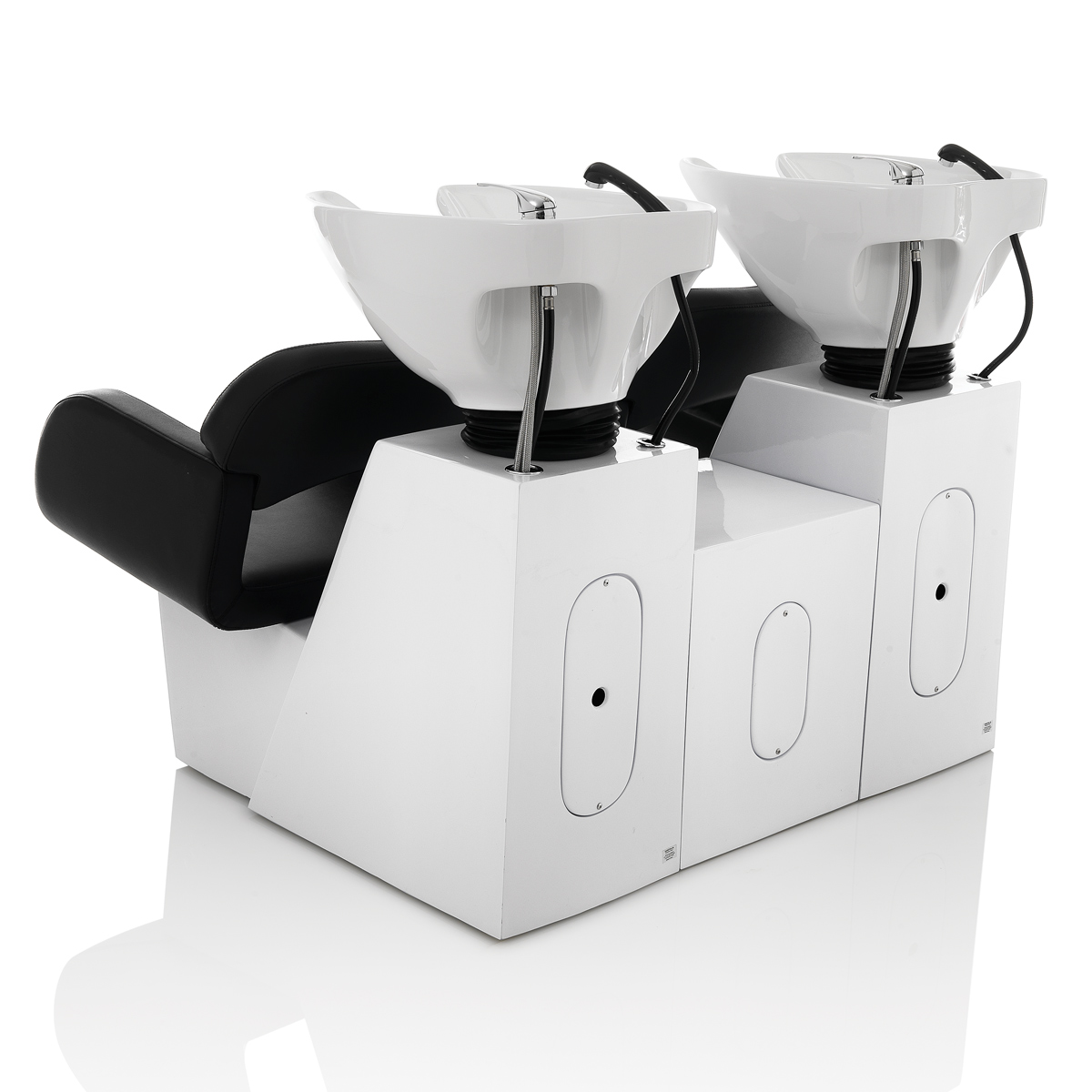 Hair Sage washing unit with white base and black chair