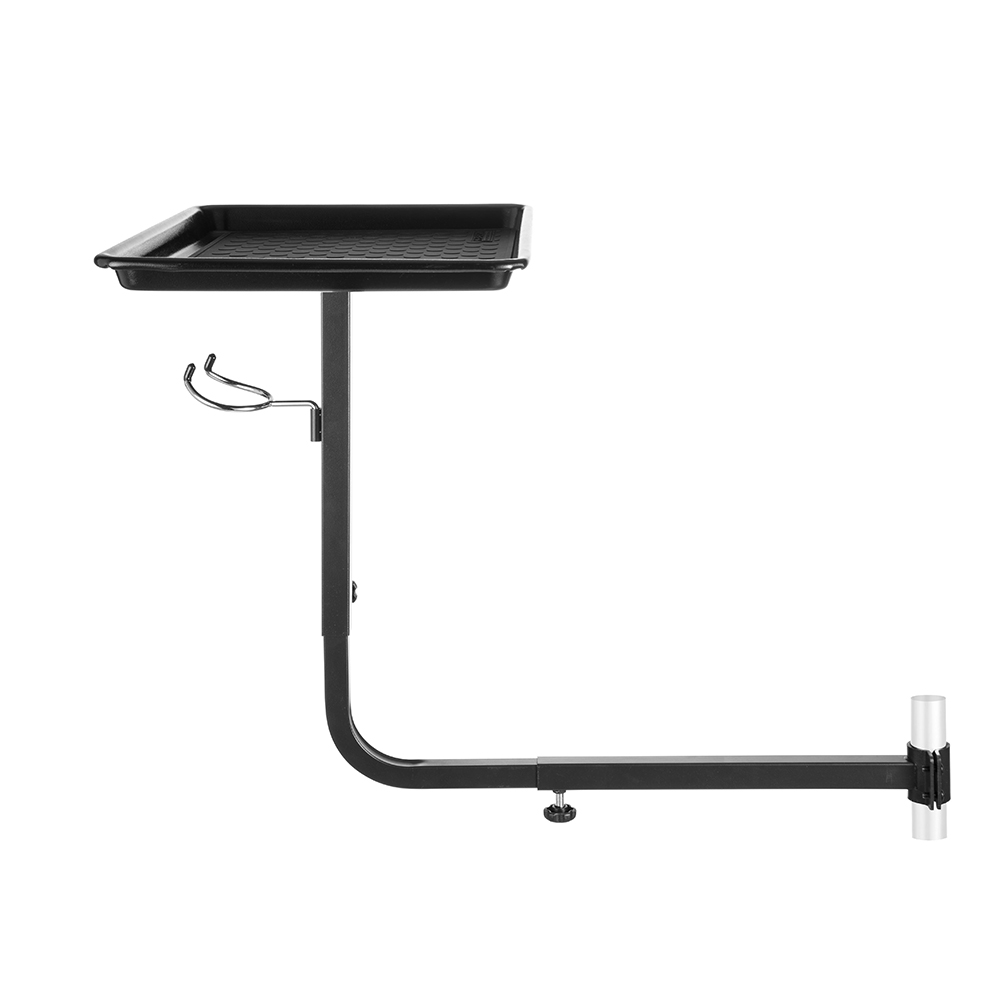 Swiveling metal tray that can be attached to a hairdressing chair