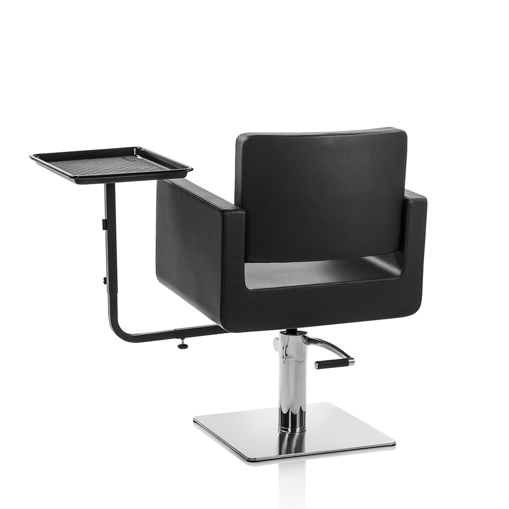 Swiveling metal tray that can be attached to a hairdressing chair