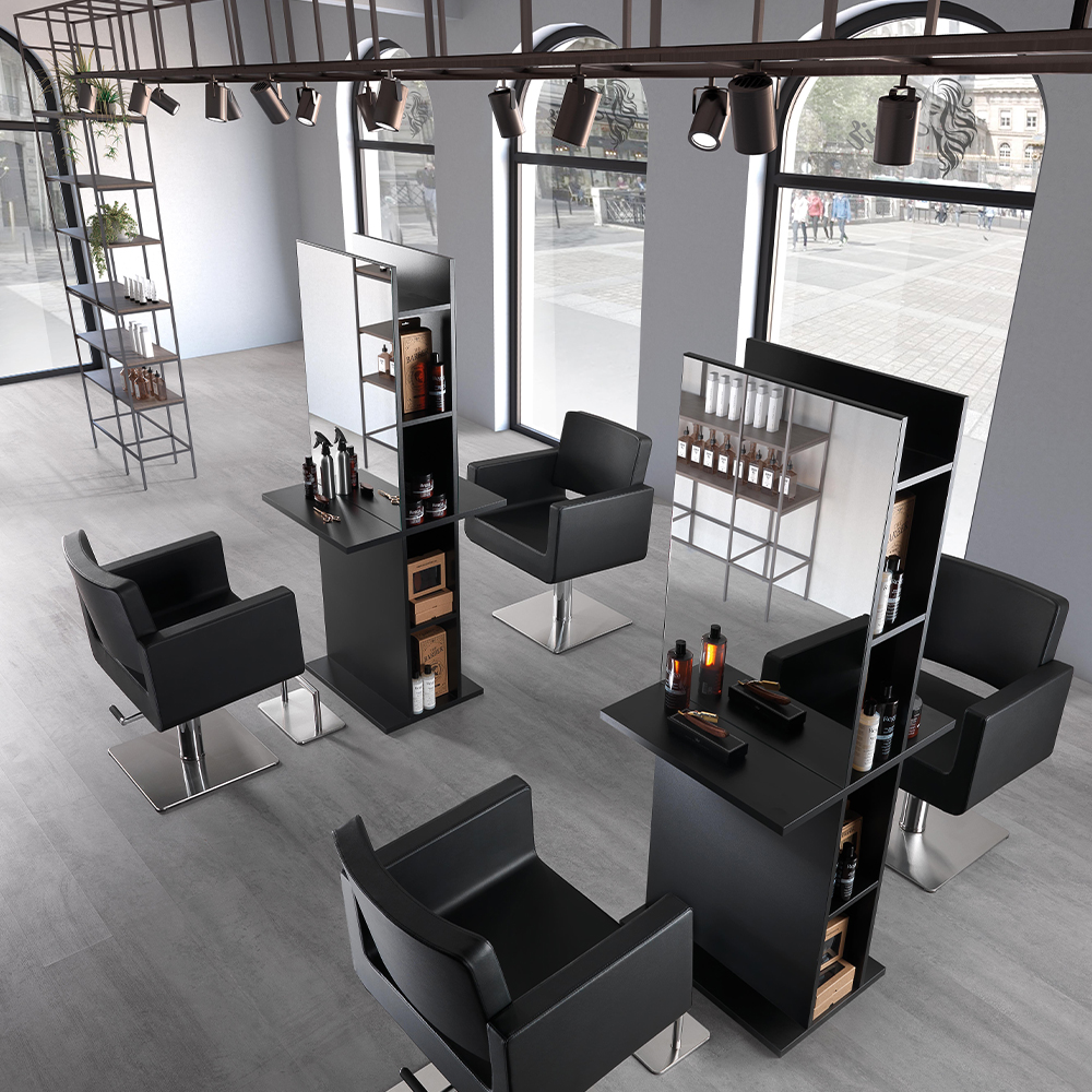 Totem double-sided mirror with shelves